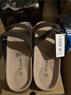 TF Star Men's Black Suede Double-Strap Slide Sandals